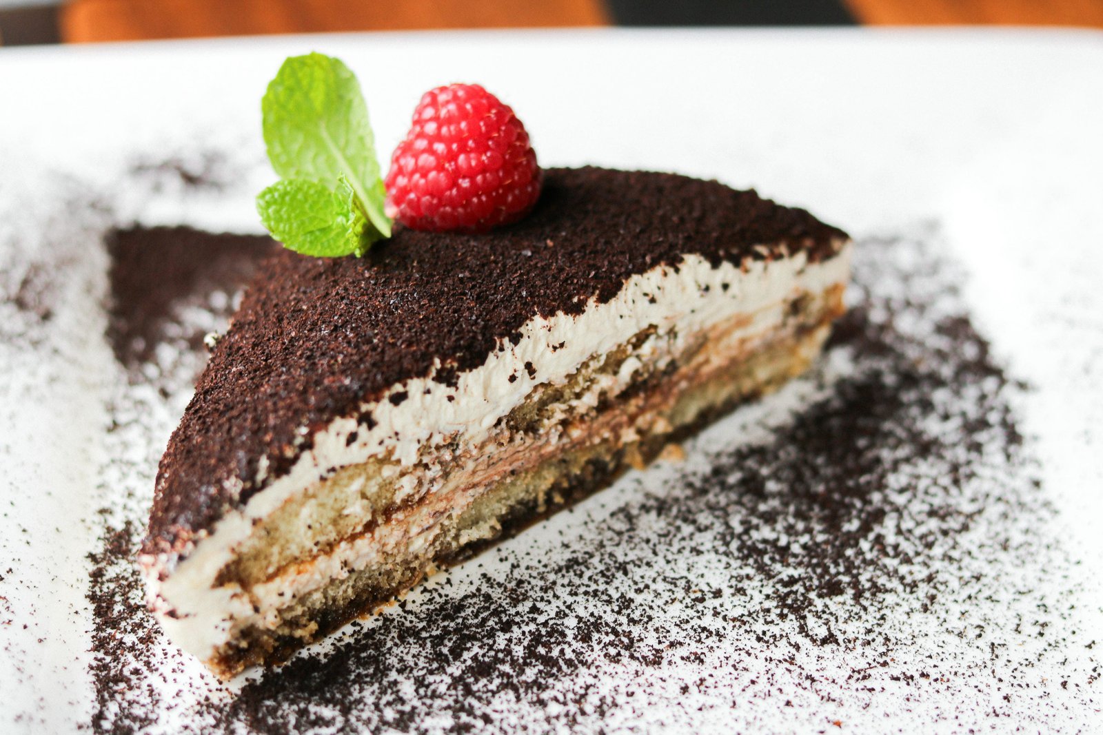 Tiramisu with cocoa powder, fresh raspberry and mint at Tequila Fuego Mexican restaurant Longview