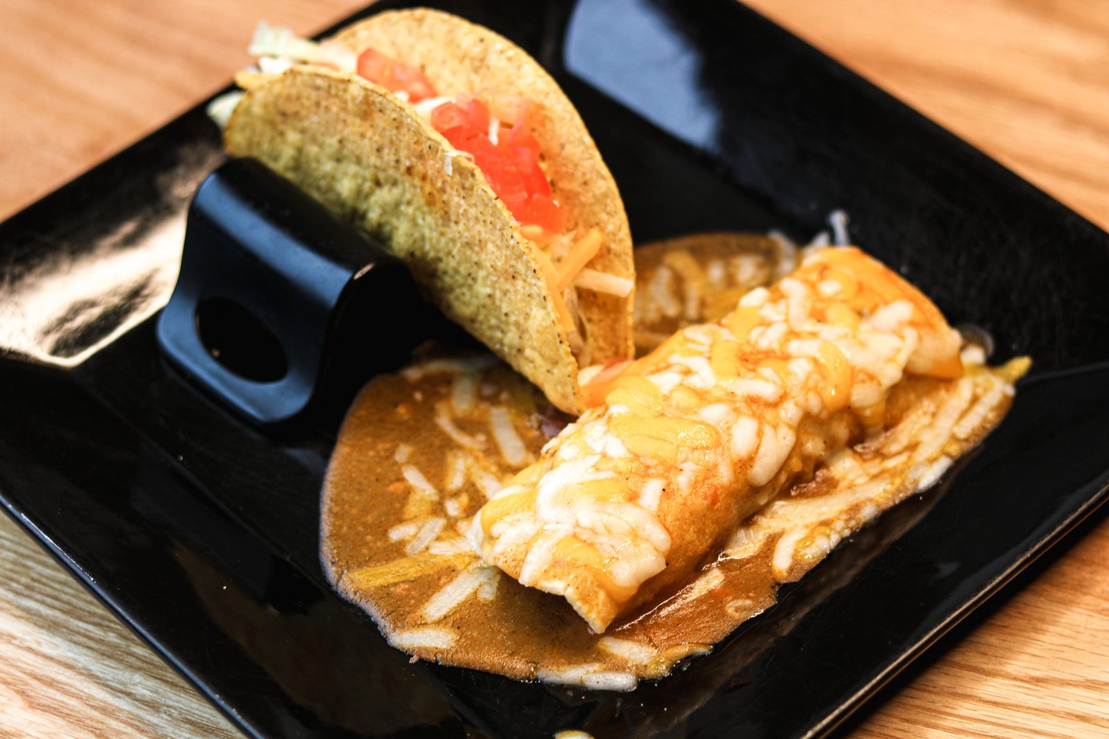 Combination plate with one enchilada and one taco, Tequila Fuego happy hour Longview WA.