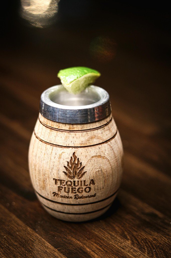 Tequila Fuego branded barrel shot glass with lime Longview Washington